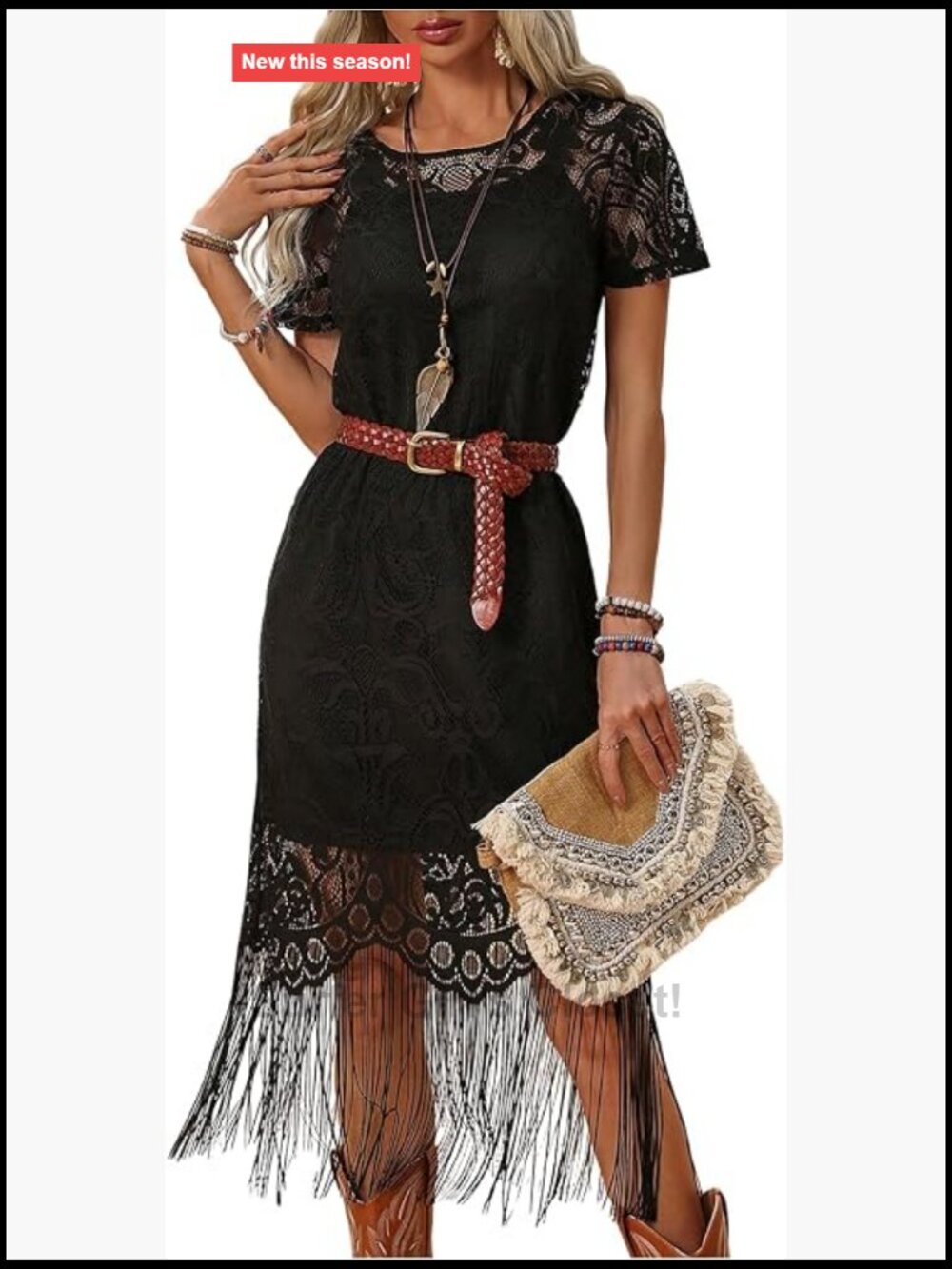 Layered Fringe Dress Set with Lace Short Sleeve Dress & Camisole for Concert